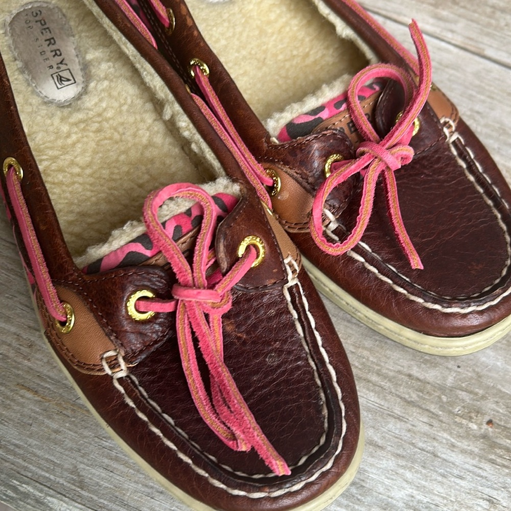 Sperry Brown Boat Shoes with Pink Leopard Print Sz women’s 6 M - Picture 8 of 10
